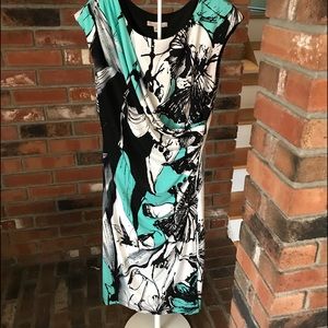 db est-1962 black white and teal print to the knee